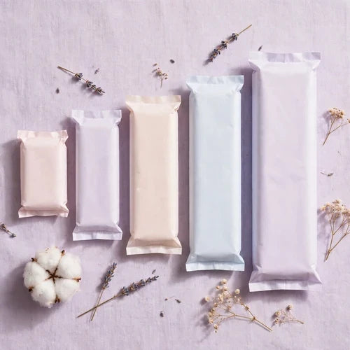 Individually wrapped sanitary pads in different sizes arranged from short to extra long on soft lavender background with dried flowers and cotton boll